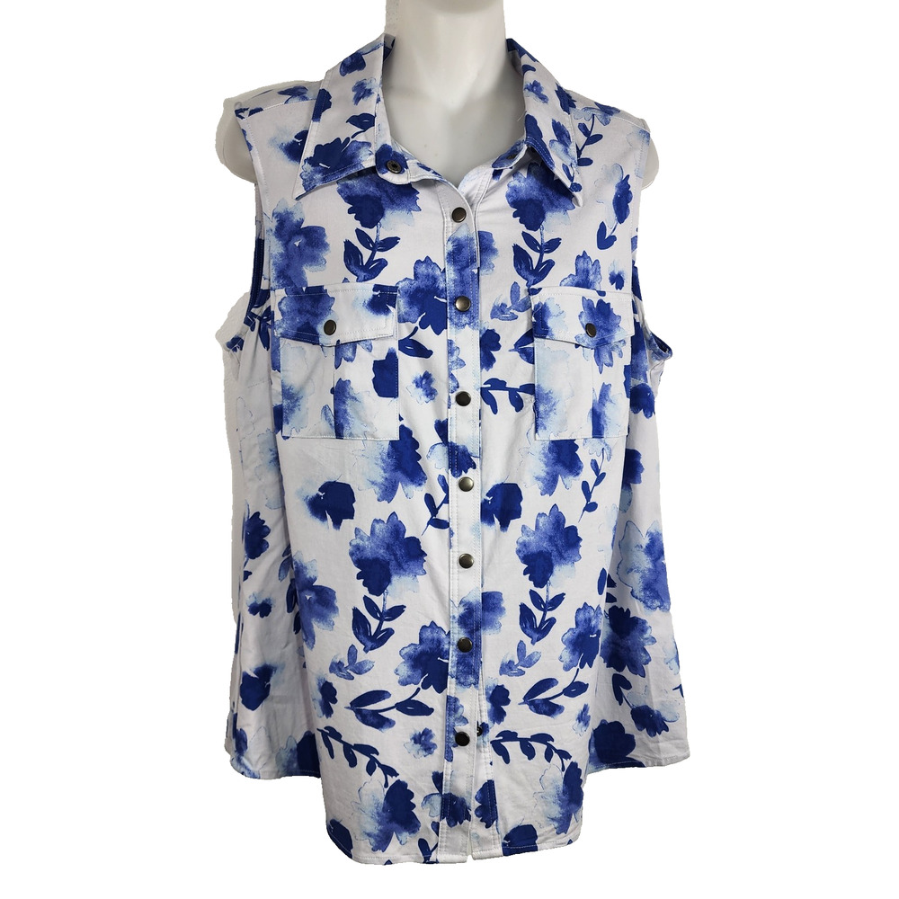 Lularoe Womens Roxanne Tank Top Size Medium Blue White Floral Snap Front Pockets